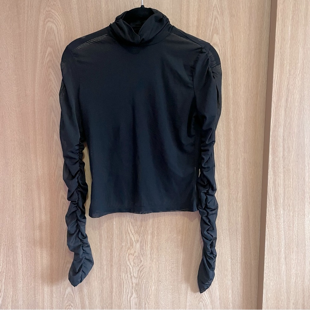 Black Sheer Mesh Top with ruched long sleeves